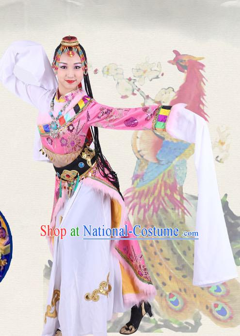 Chinese Traditional Classical Ethnic Tibetan Dance Costumes Dancewear and Headpieces Complete Set for Women