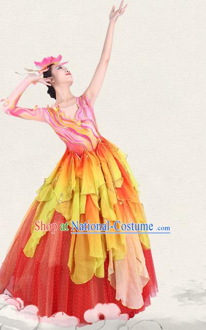 Chinese Traditional Classical Opening Ceremony Dance Costumes Dancewear and Headpieces Complete Set for Women