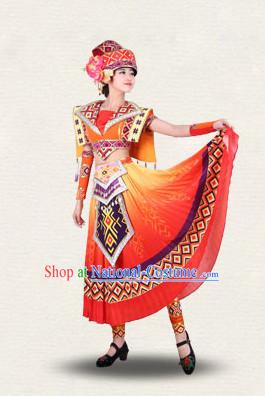 Chinese Traditional Classical Ethnic Dance Costumes Dancewear and Headpieces Complete Set for Women