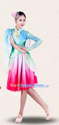 Chinese Traditional Classical Group Dance Costumes Dancewear and Headpieces Complete Set for Women