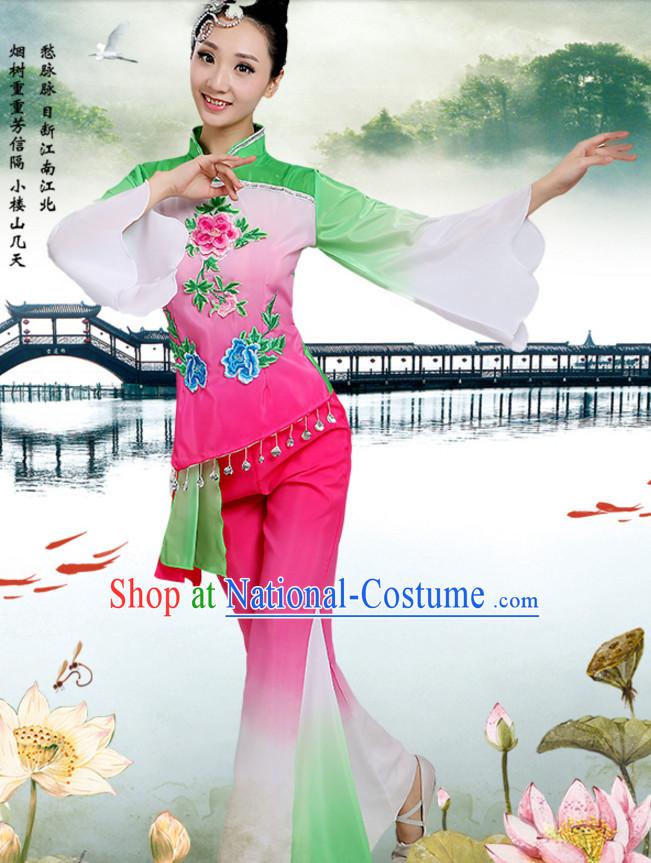 Chinese Traditional Fan Team Dancing Costumes and Headpieces Complete Set for Women