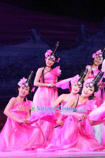 Chinese Peach Blossom Dance Costumes and Headpieces Complete Set for Women