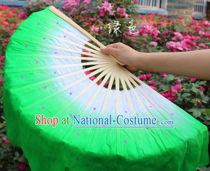 White to Green Color Transition Traditional Chinese Pure Silk Dance Fan