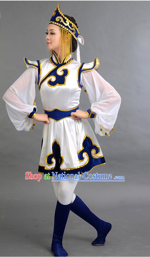 Traditional Chinese Ethnic Mongolian Dance Costumes Custom Dance Costume Folk Dancing Chinese Dress Cultural Dances and Headdress Complete Set