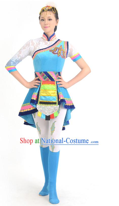 Traditional Chinese Ethnic Tibetan Dance Costumes Custom Dance Costume Folk Dancing Chinese Dress Cultural Dances and Headdress Complete Set