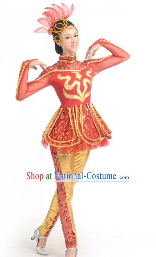 Traditional Chinese Acrobatics Dance Costumes Custom Dance Costume Folk Dancing Chinese Dress Cultural Dances and Headdress Complete Set for Girls Kids Children