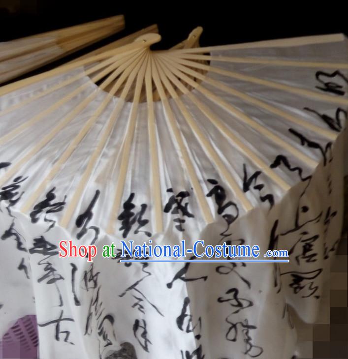 Two Layers Pure Silk Traditional Chinese Calligraphy Fans Oriental Fan Folk Dance Hand Fan Dance Ribbons Cultural Dances