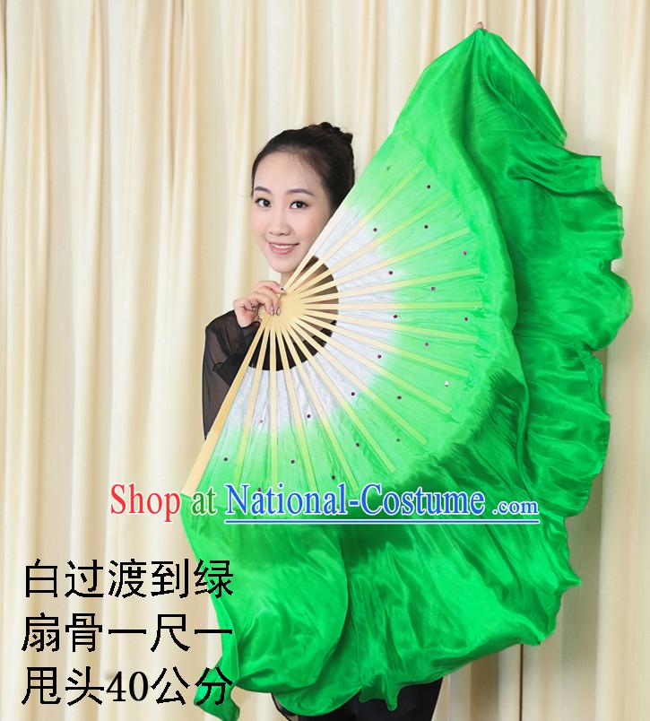 Professional Traditional Two Colors White to Green Color Transition Pure Silk Dance Fan