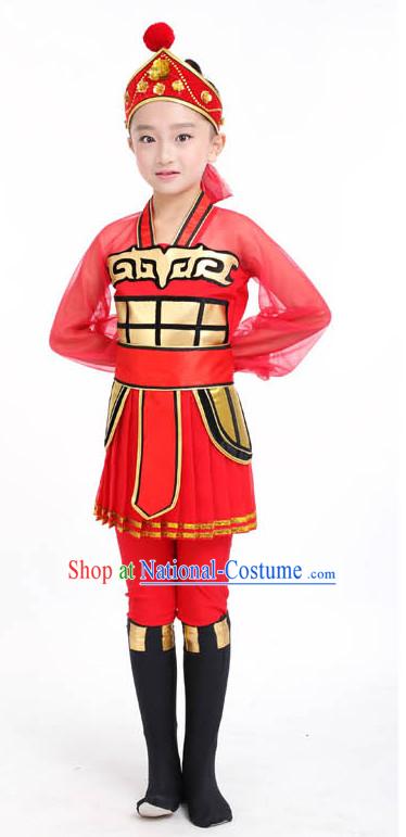 Chinese Competition Dance Costumes Kids Terra Cotta Warrior Solider General Dance Costumes Folk Dances Ethnic Dance Fan Dance Dancing Dancewear for Children