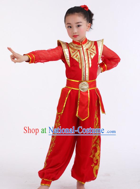 Chinese Competition Dance Costumes Kids Terra Cotta Warrior Solider General Dance Costumes Folk Dances Ethnic Dance Fan Dance Dancing Dancewear for Children