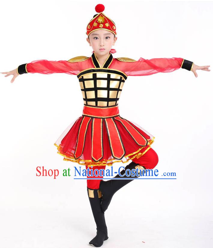 Chinese Competition Dance Costumes Kids Terra Cotta Warrior Solider General Dance Costumes Folk Dances Ethnic Dance Fan Dance Dancing Dancewear for Children