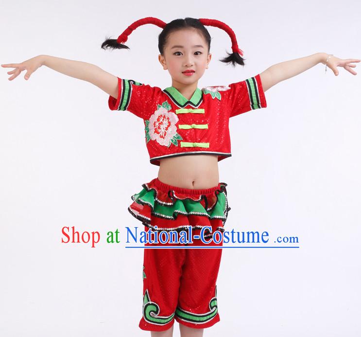 Chinese Competition Group Dance Costumes Kids Dance Costumes Folk Dances Ethnic Dance Fan Dance Dancing Dancewear for Children