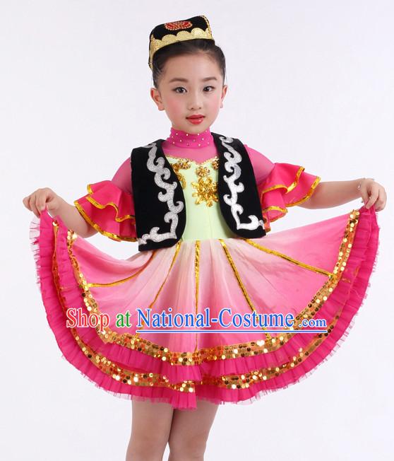 Chinese Competition Xinjiang Dance Costumes Kids Dance Costumes Folk Dances Ethnic Dance Fan Dance Dancing Dancewear for Children