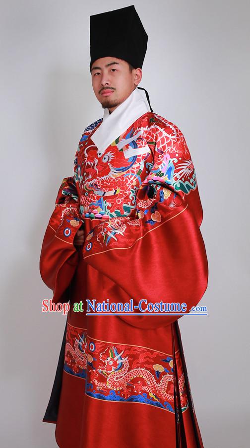 Ancient Chinese Wedding Bridal Clothing and Hat Complete Set for Men