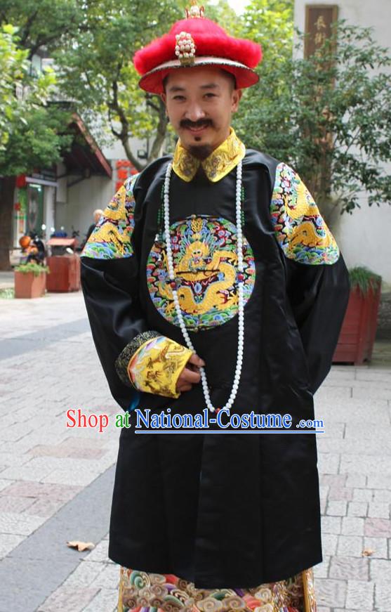 Asian Chinese Emperor Long Dresses Hanfu Costume Clothing Chinese Robe Chinese Kimono and Hat Complete Set for Men