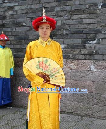 Asian Chinese Emperor Long Dresses Hanfu Costume Clothing Chinese Robe Chinese Kimono and Hat Complete Set for Men