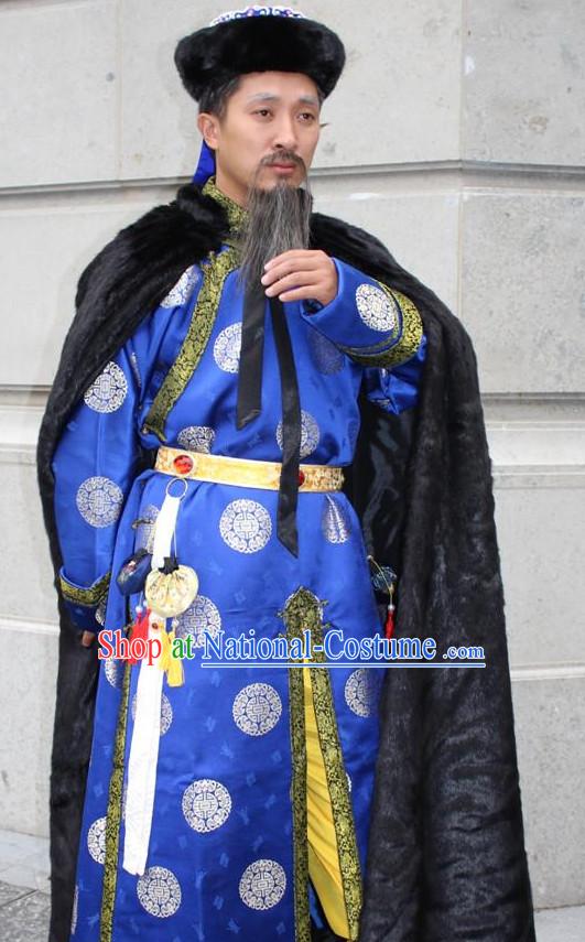 Asian Chinese Emperor Long Dresses Hanfu Costume Clothing Chinese Robe Chinese Kimono Mantle and Hat Complete Set for Men