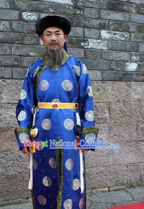 Asian Chinese Emperor Long Dresses Hanfu Costume Clothing Chinese Robe Chinese Kimono and Hat Complete Set for Men