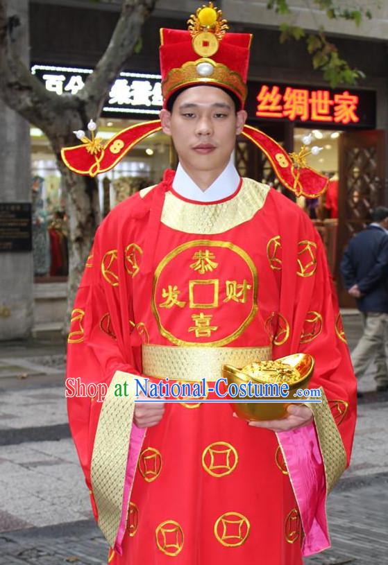 Asian Chinese Legend Cai Shen Money God Long Dresses Hanfu Costume Clothing Chinese Robe Chinese Kimono and Hat Complete Set for Men