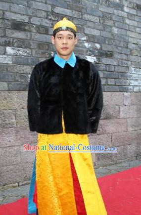 Asian Chinese Emperor Long Dresses Hanfu Costume Clothing Chinese Robe Chinese Kimono and Hat Complete Set for Men