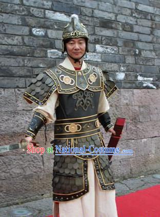 Asian Chinese General Long Dresses Hanfu Costume Clothing Chinese Robe Chinese Kimono and Helmet Complete Set for Men