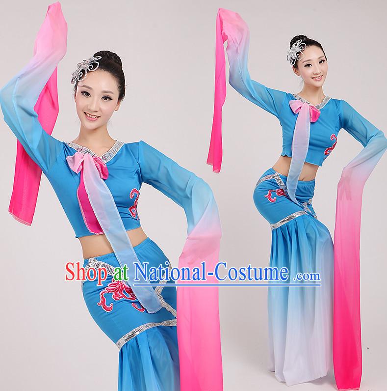 Asian Chinese Water Sleeves Long Sleeve Dance Costume Clothing Oriental Dress and Hair Accessories Complete Set for Women Girls Adults Children