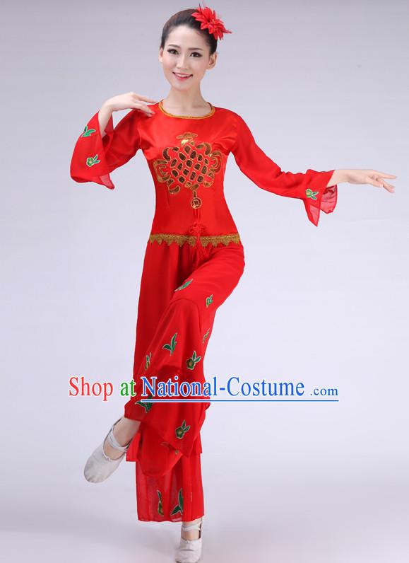 Asian Chinese Fan Dance Costume Clothing Oriental Dress and Hair Accessories Complete Set for Women Girls Adults Children