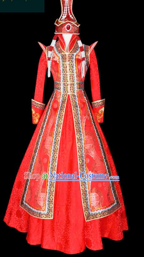 Mongolian People Yuan Dynasty Mongolians Dance Costumes Queen Princess Empress Clothing Clothes Garment Complete Set for Women Girls