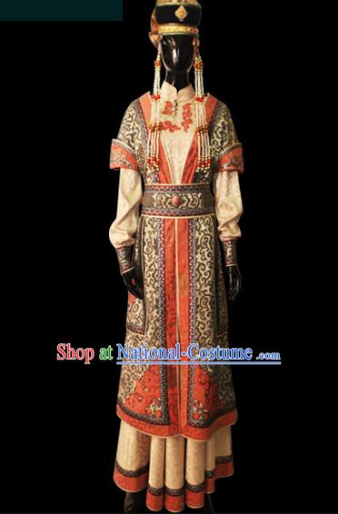 Chinese Mongolian People Yuan Dynasty Mongolians Dance Costumes Queen Princess Empress Clothing Clothes Garment Complete Set for Women Girls