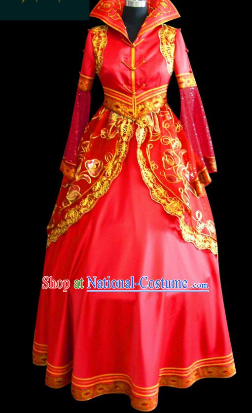 Chinese Mongolian People Yuan Dynasty Mongolians Dance Costumes Queen Princess Empress Clothing Clothes Garment Complete Set for Women Girls