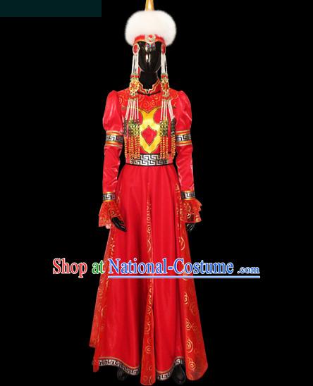 Chinese Mongolian People Yuan Dynasty Mongolians Dance Costumes Queen Princess Empress Clothing Clothes Garment Complete Set for Women Girls