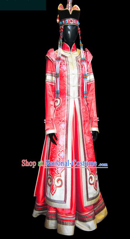 Chinese Mongolian People Yuan Dynasty Mongolians Dance Costumes Queen Princess Empress Clothing Clothes Garment Complete Set for Women Girls