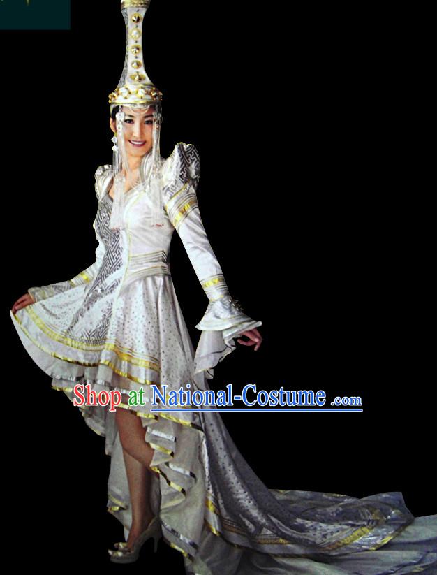 Chinese Mongolian People Yuan Dynasty Mongolians Dance Costumes Queen Princess Empress Clothing Dress Garment Complete Set for Women Girls