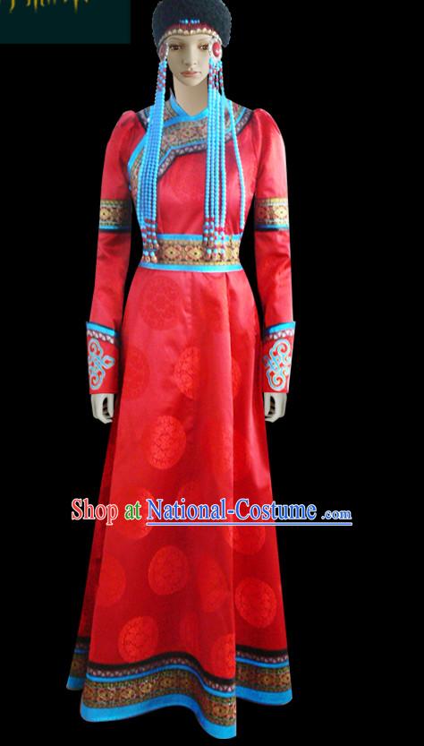 Chinese Mongolian People Yuan Dynasty Mongolians Dance Costumes Queen Princess Empress Clothing Dress Garment Complete Set for Women Girls