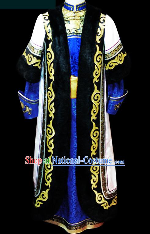 Chinese Mongolian People Genghis Khan Yuan Dynasty Mongolians Dance Costumes Emperor Prince Clothing Dress Garment Complete Set for Men Boys