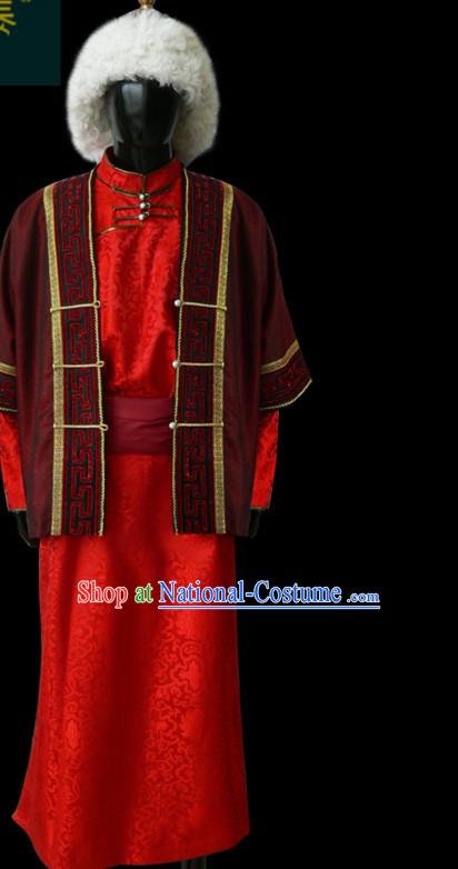 Chinese Mongolian People Genghis Khan Yuan Dynasty Mongolians Dance Costumes Emperor Prince Clothing Dress Garment Complete Set for Men Boys