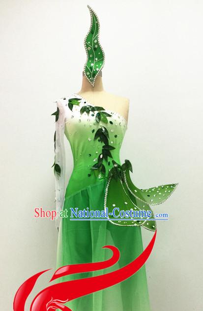 Chinese Folk Spring Dance Costumes and Hair Accessories Complete Set for Women