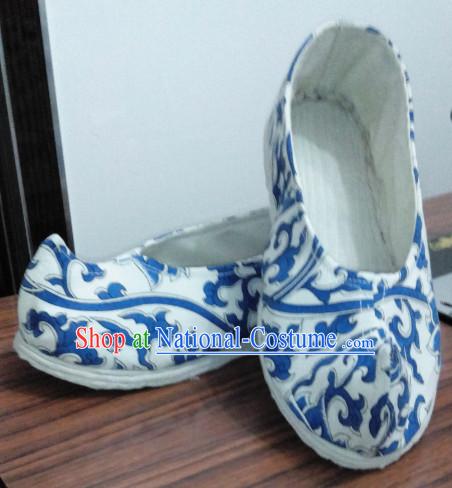 White Blue Chinese Ancient Handmade Traditional Bow Fabric Shoes for Women and Girls