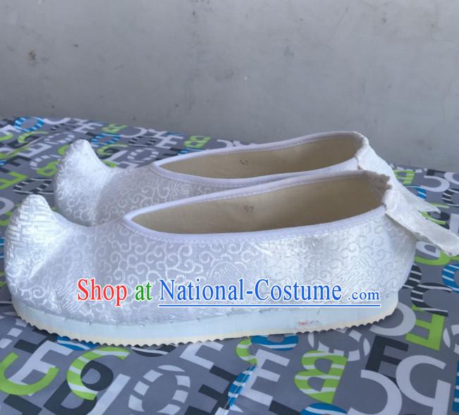 White Chinese Ancient Handmade Traditional Bow Fabric Shoes