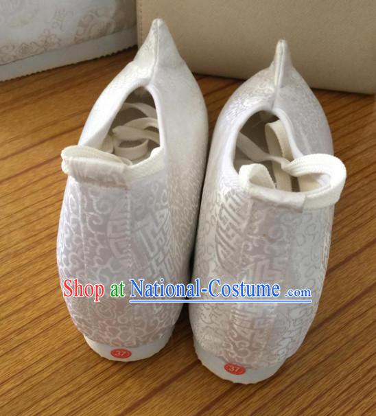 White Chinese Ancient Handmade Traditional Bow Fabric Shoes