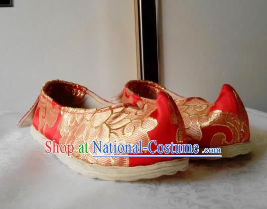 Red Chinese Ancient Handmade Traditional Bow Fabric Shoes for Women and Girls