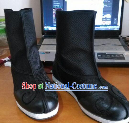 Ancient Chinese Handmade Auspicious Cloud Long Black Boots for Men