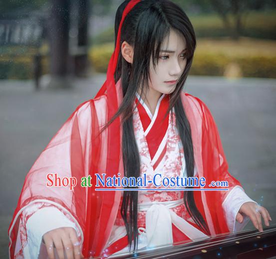 Top Chinese Ancient Red Musician Costumes Complete Set for Men