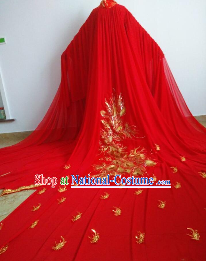 Long Trail Chinese Ancient Red Phoenix Wedding Dress Complete Set for Women