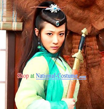 Chinese Classic Type of Black Kung Fu Women Long Wigs and Hair Clips for Women