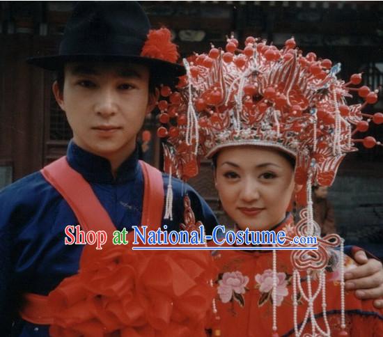 Chinese Traditional Classical Wedding Hairstyles Black Hat and Phoenix Coronet for Men and Women