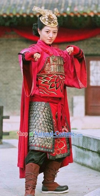 Asian Chinese Ancient Superheroine General Warrior Body Armor Costumes and Headgear Complete Set for Women and Girls