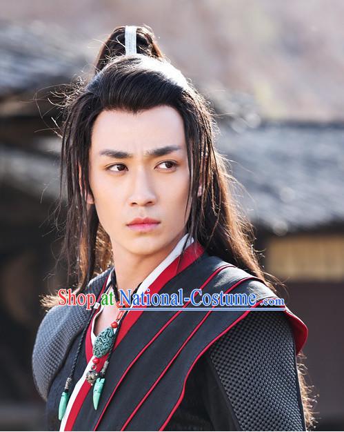 Ancient Chinese Fashion Kung Fu Master Knight Black Long Wigs and Hair Accessory for Men or Boys