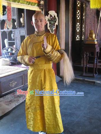 Qing Chinese Style Authentic Emperor Clothes Culture Costume Han Dresses Traditional National Dress Clothing and Headwear Complete Set for Men Boys