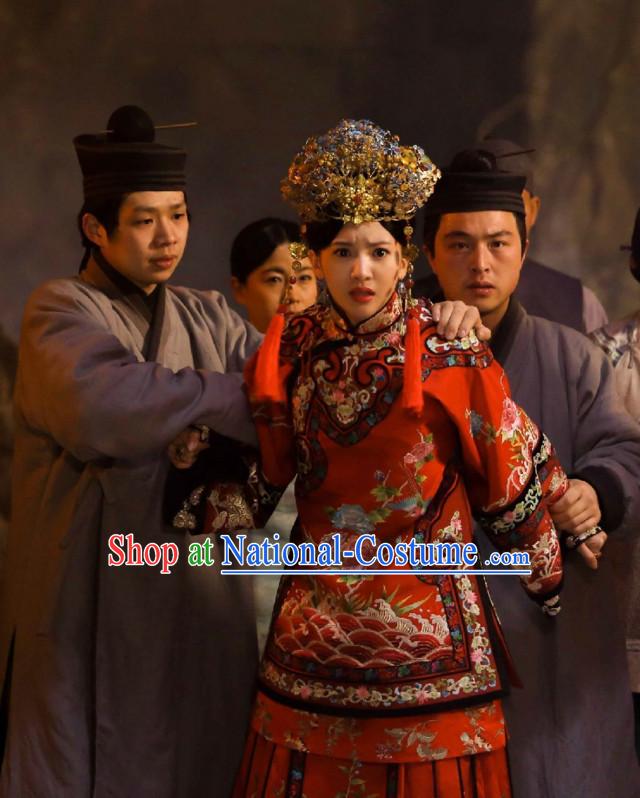 Wuxin The Monster Killer Drama Qing Dynasty Chinese Wedding Dress Authentic Clothes Culture Costume Dresses Traditional National Dress Clothing and Headwear Complete Set